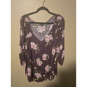 Torrid Womens Hi Low Tunic Size 4 Burgundy Floral Button Up Stretch 3/4 Sleeve